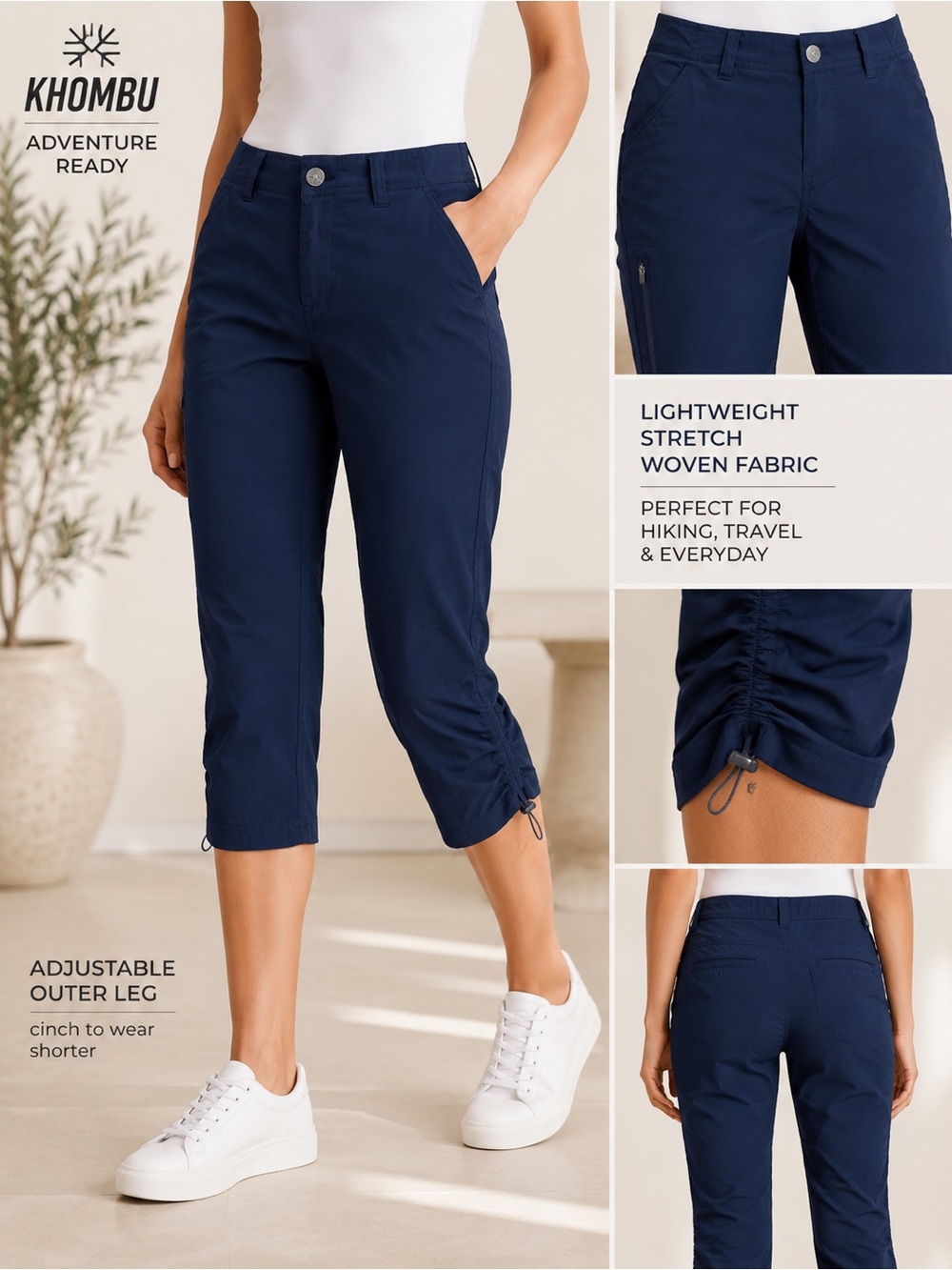 Khombu Women’s Navy Stretch Woven Hiking Travel Capri Pants Size Small